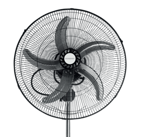 Siyah metal vantilatör, önden görünüm. Pervaneli dairesel fan kafesi, metal ayak üzerinde, beyaz zemin.