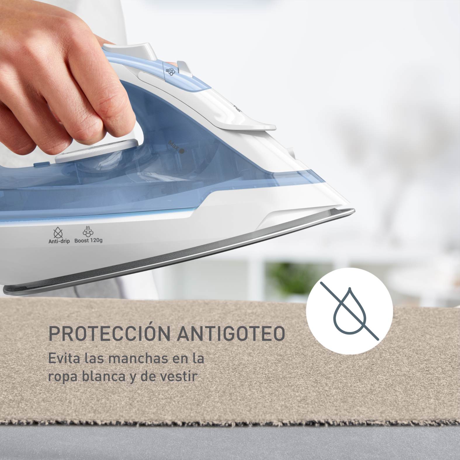 Plancha. Texto: Antigoteo. Evita las manchas en la ropa blanca y de vestir.