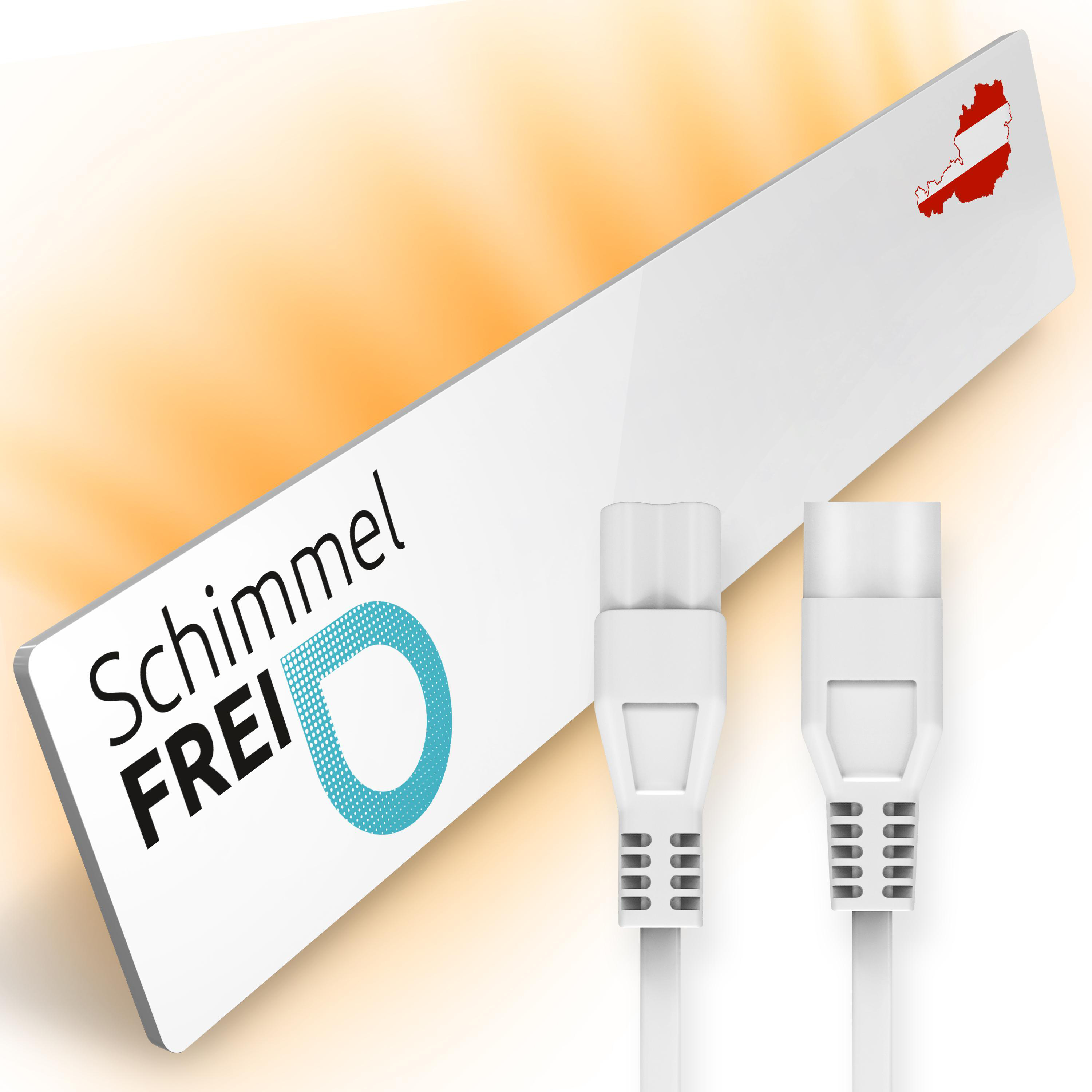 Weißes Ethernet-Kabel mit Steckern, weißes Etikett mit Text und österreichischer Flagge.