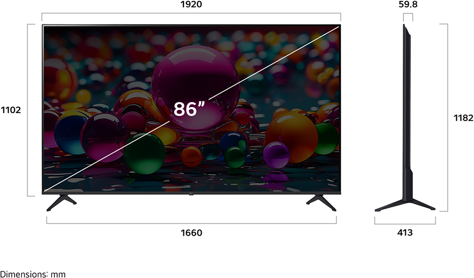 86 hüvelykes TV, méretek láthatók. Színes, elmosódott háttér. Fekete állvány.