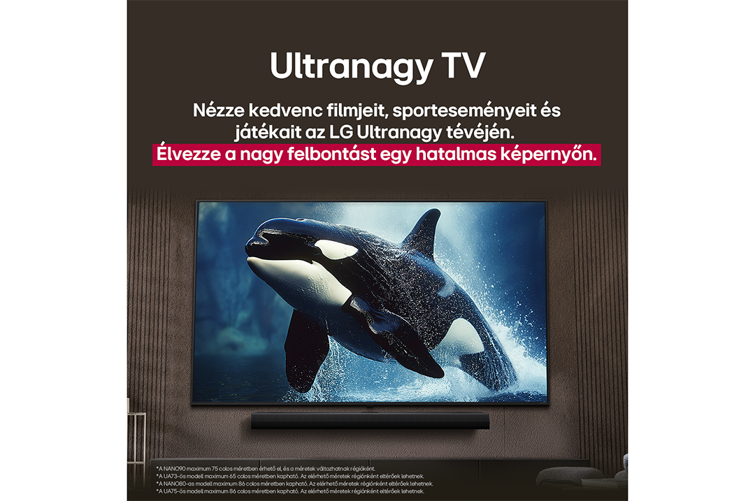 A TV egy kardszárnyú delfin képét jeleníti meg. A TV alatt egy soundbar látható. Szöveg: Ultranagy TV. Barna fali háttér.