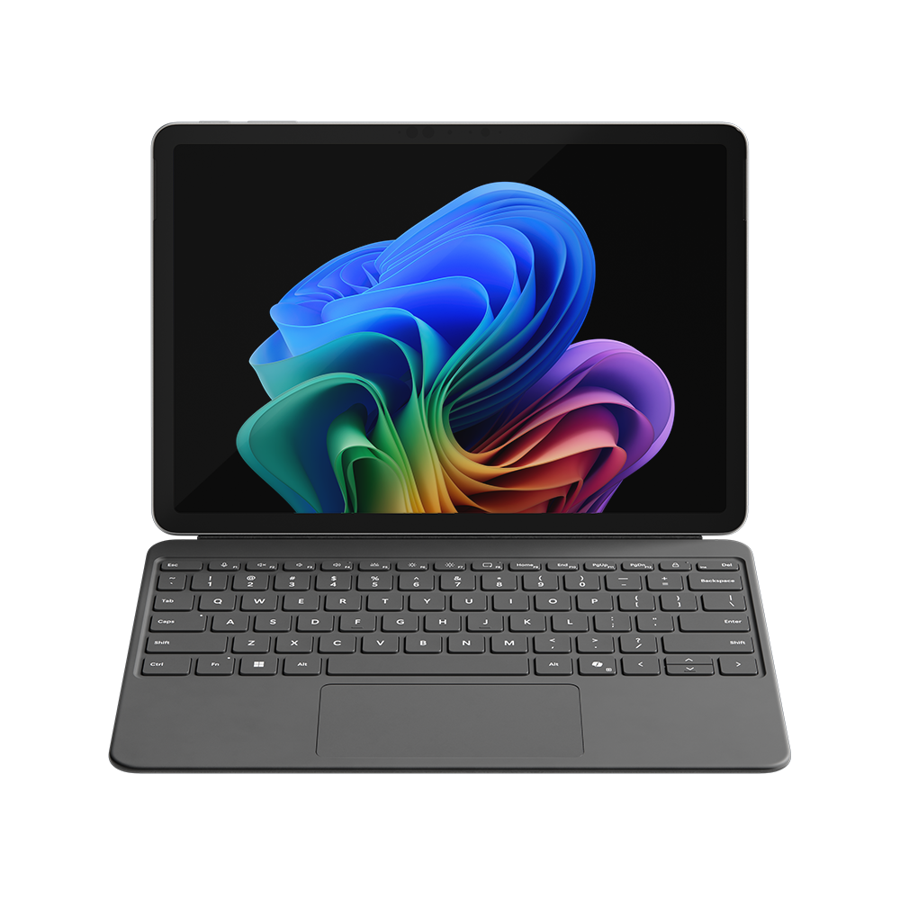 Ein schwarzer Laptop mit einem bunten abstrakten Bild auf dem Bildschirm.