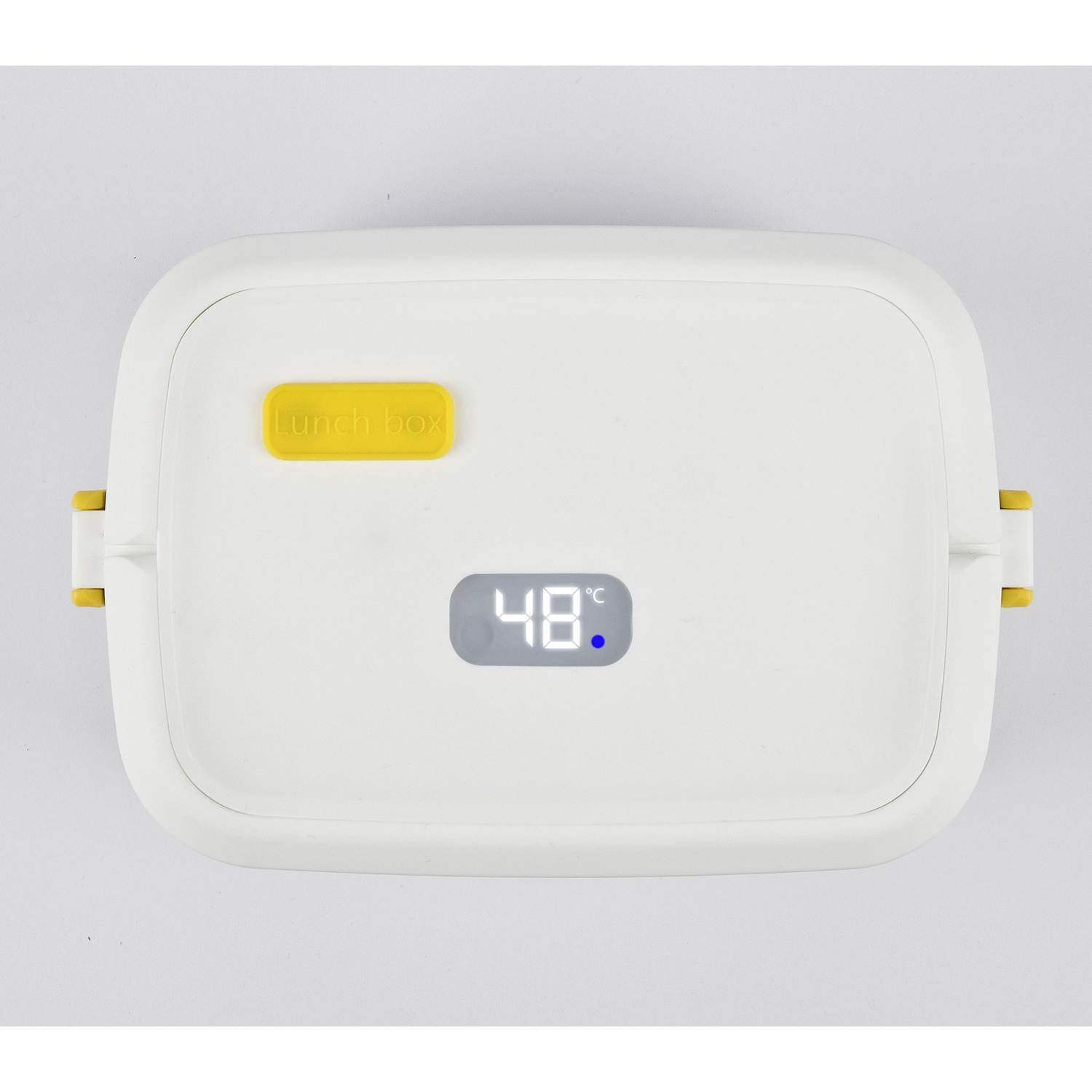 Un contenitore per il pranzo bianco con un display digitale che mostra 48 gradi Celsius, isolato su bianco.
