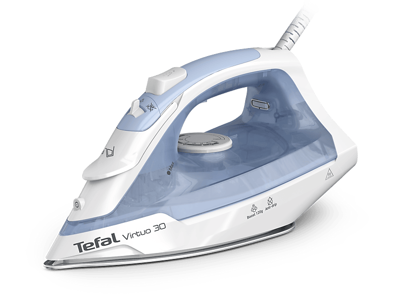 Plancha de vapor - Tefal Virtuo 30 FV2C41, 2000 W, 120 g/min, 0.24 l, Vapor vertical, Antigoteo, Antical, Blanco / Azul