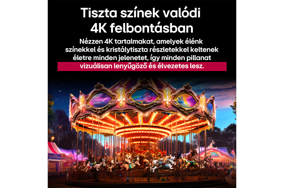 Körhinta jelenet a TV képernyőn. Fényes lámpák és emberek. Szöveg a 4K felbontásról.