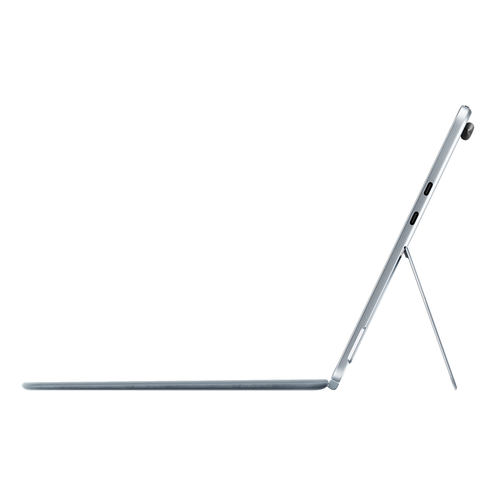 Tablet in Seitenansicht, mit Ständer. Silberne Farbe, schlankes Design, dunkler Hintergrund, minimalistisches Setup.