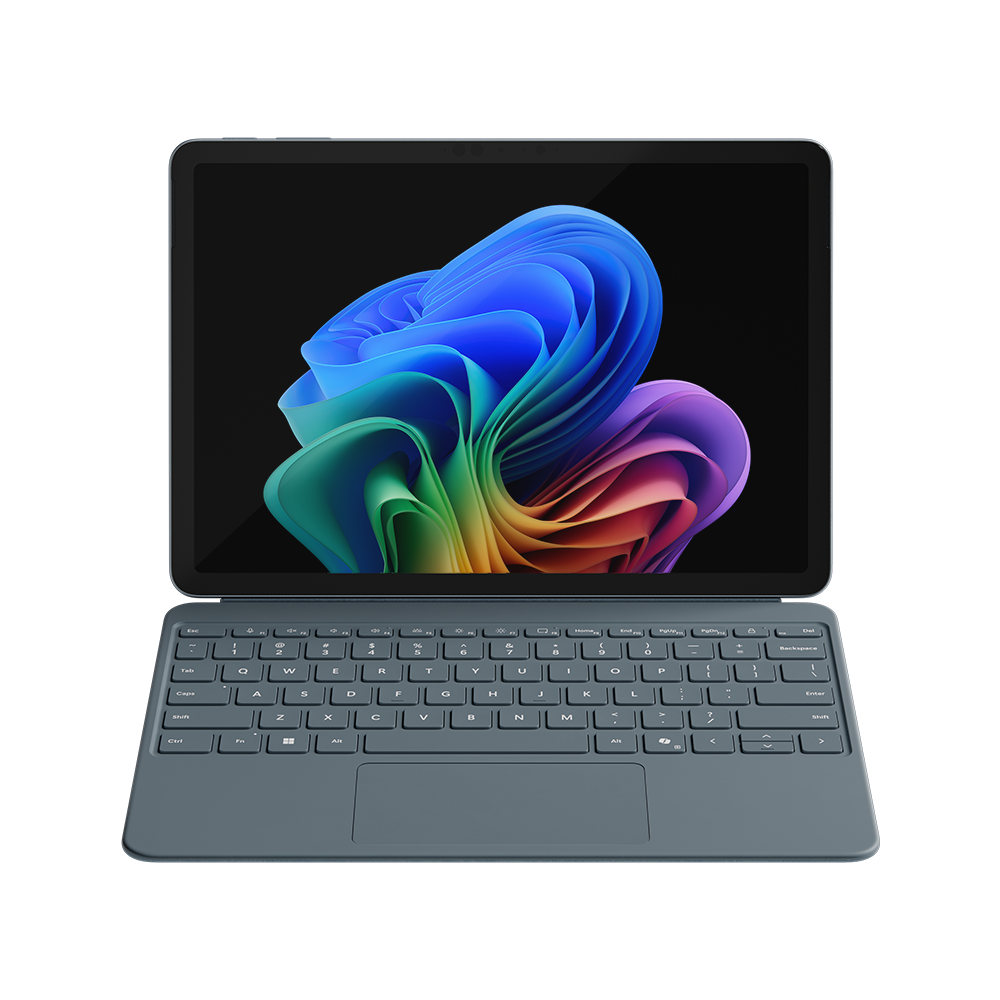Ein blauer Laptop mit Tastatur und Bildschirm. Der Bildschirm zeigt ein farbenfrohes, abstraktes Design.