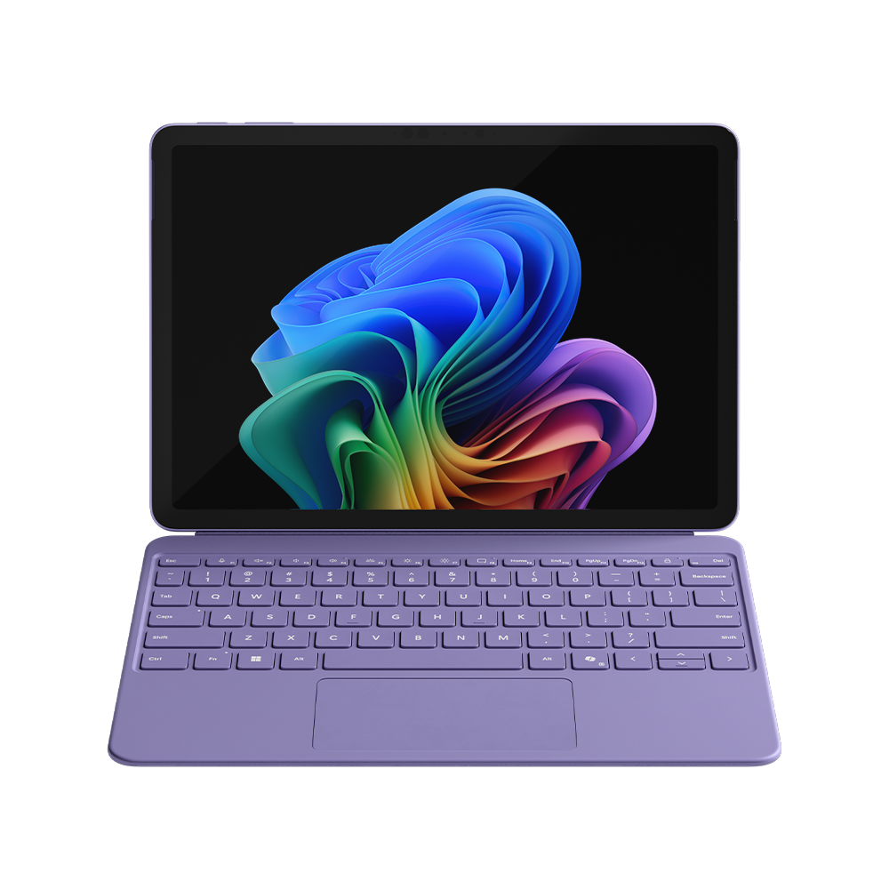 Lila Tablet mit Tastatur. Bildschirm zeigt abstraktes Design auf schwarzem Hintergrund.