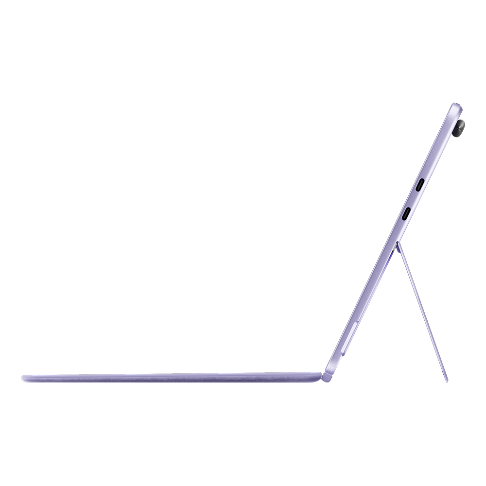 Profilansicht des lila Tablets. Das Tablet ist angewinkelt, der Bildschirm zeigt nach oben.