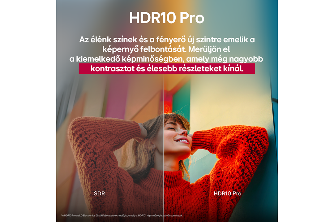 Kép az SDR és a HDR10 Pro összehasonlításáról. Egy nő arca, a HDR10 Pro oldala világosabb.