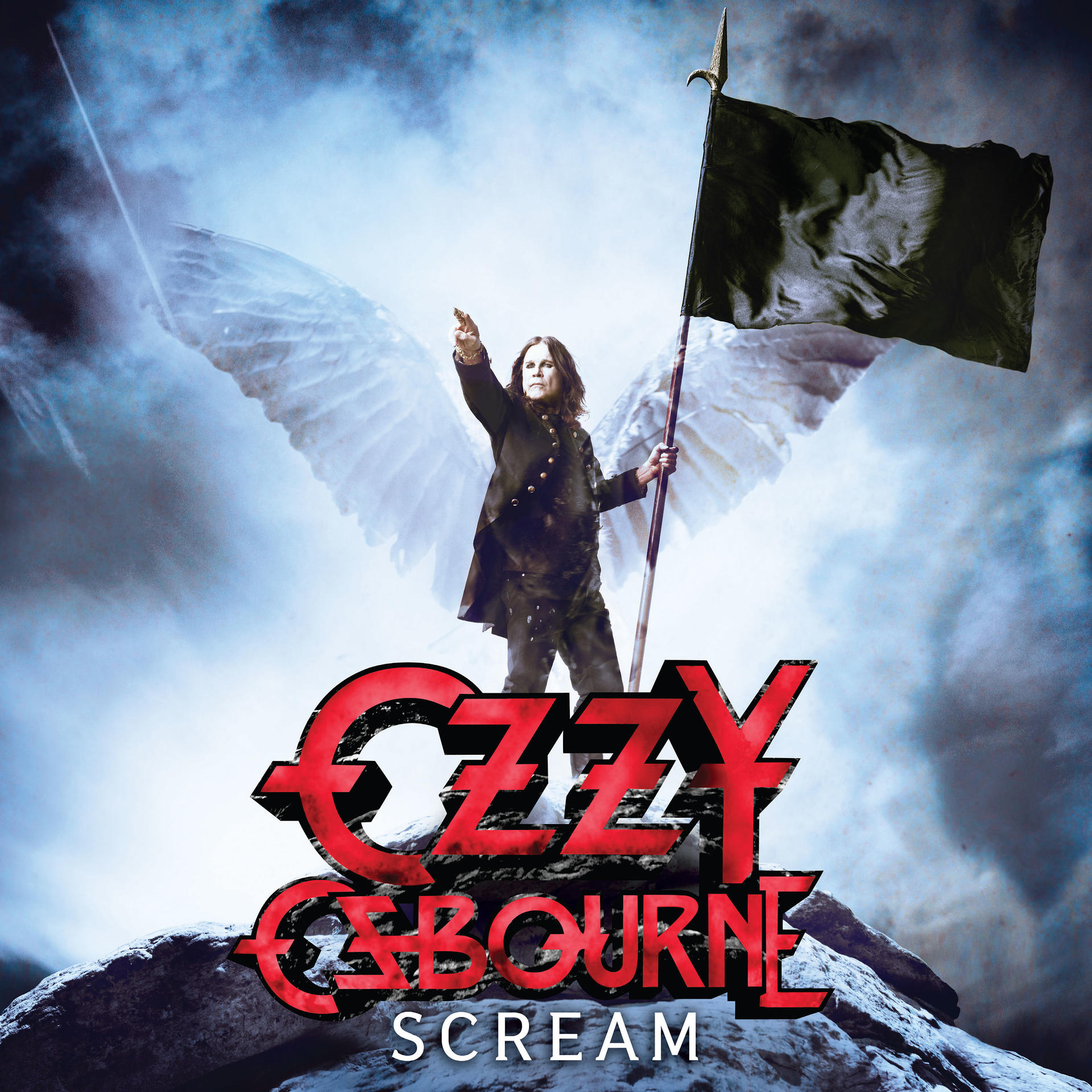Ozzy Osbourne avec des ailes d'ange, tenant un drapeau. La couverture de l'album dit 'Scream'.