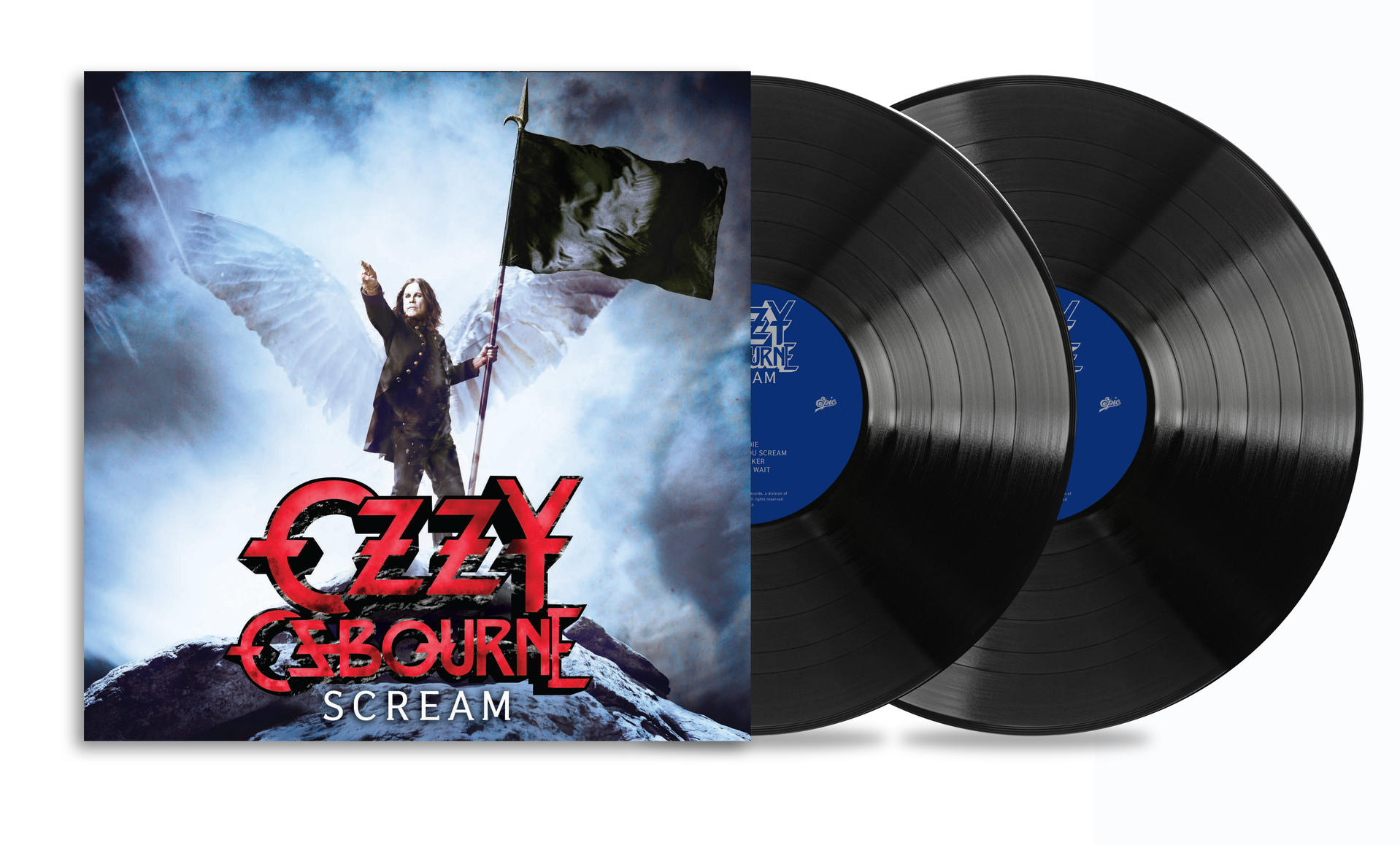 Pochette de l'album 'Scream' d'Ozzy Osbourne avec deux disques vinyles noirs sur fond blanc.