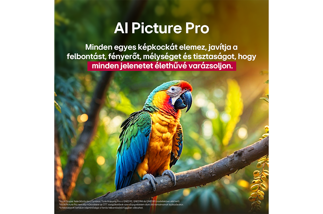 Egy színes papagáj egy faágon, magyar szöveggel az AI Picture Pro-ról.