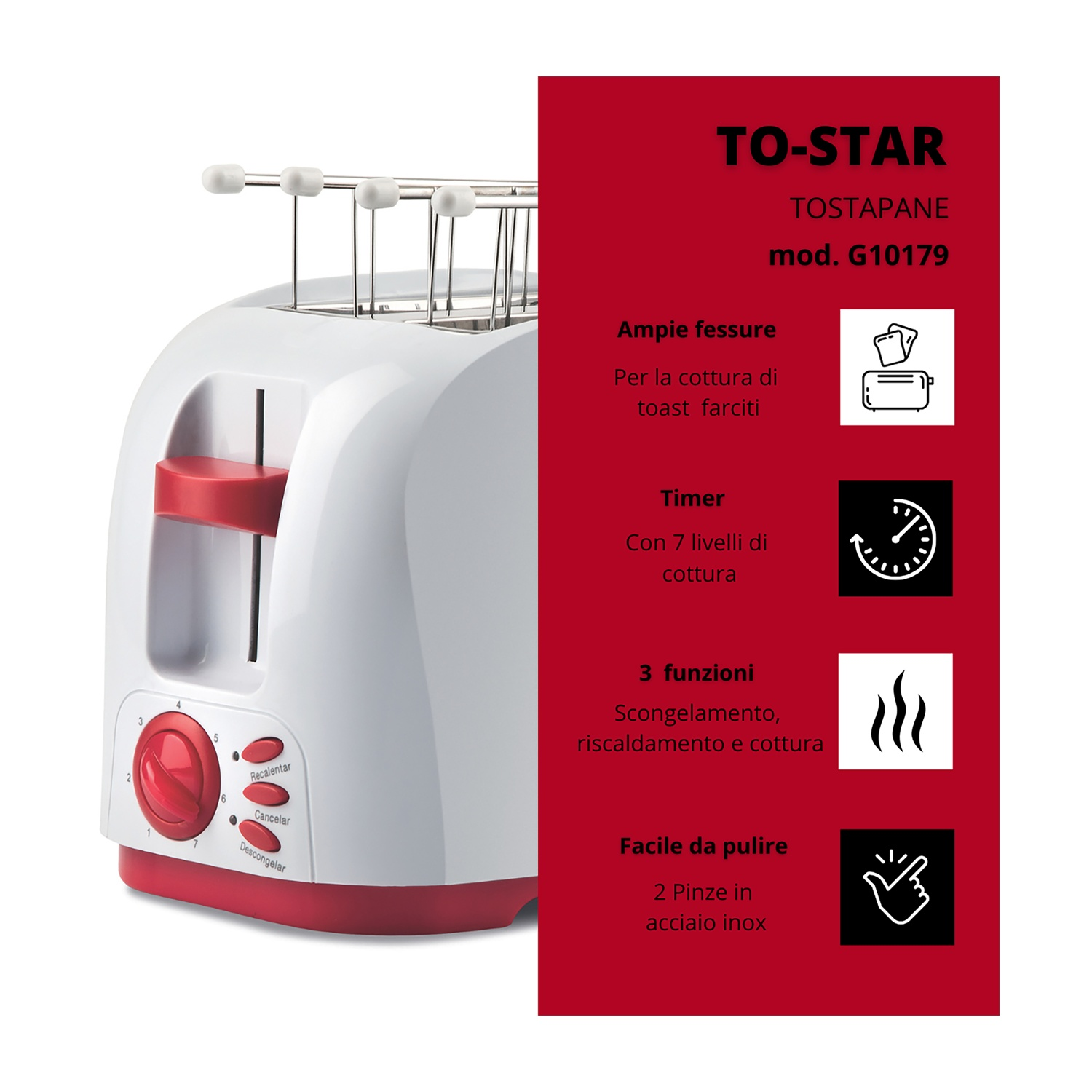Tostapane bianco e rosso con caratteristiche. Il testo descrive il timer e le funzioni.