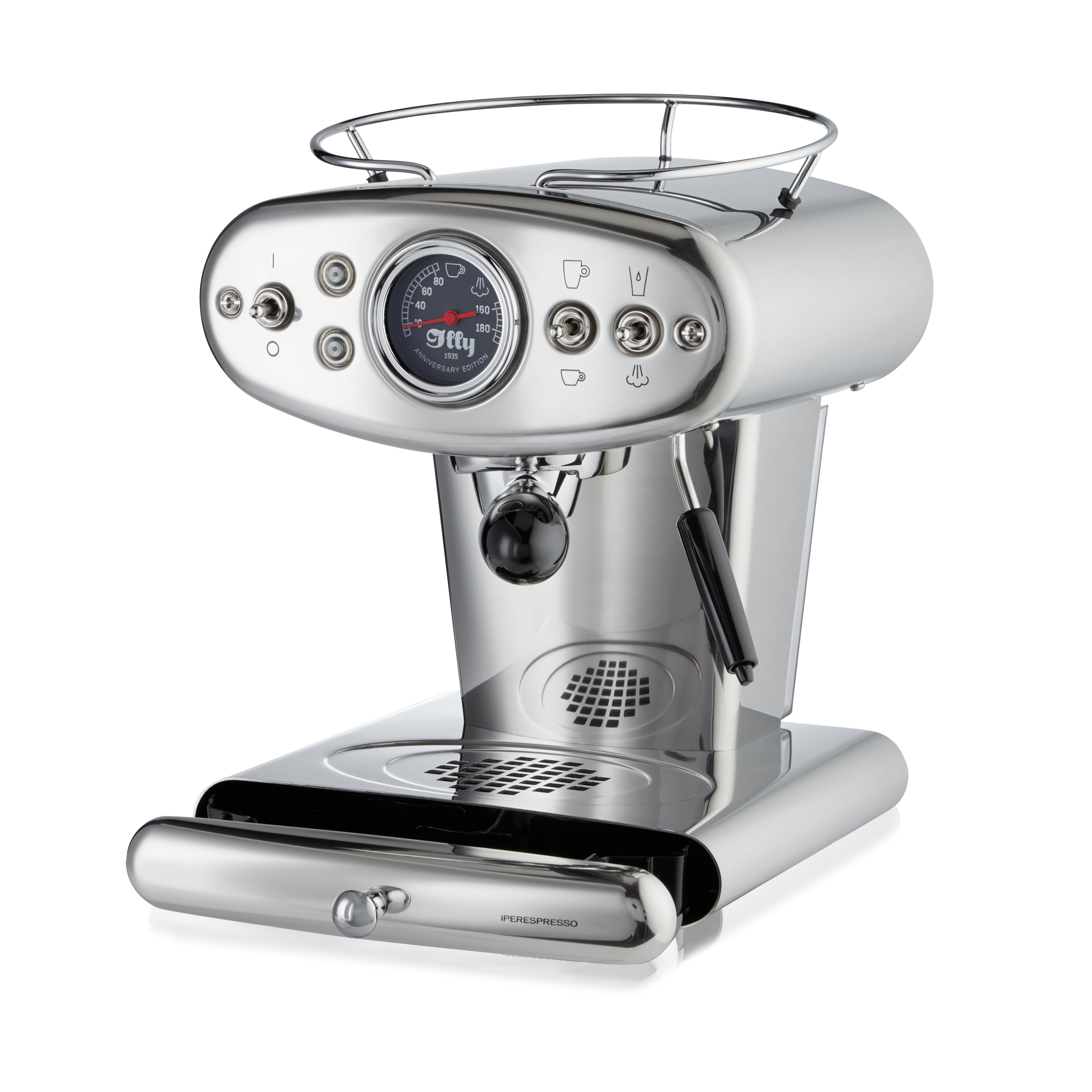 Eine silberne Espressomaschine auf einem weißen Hintergrund.