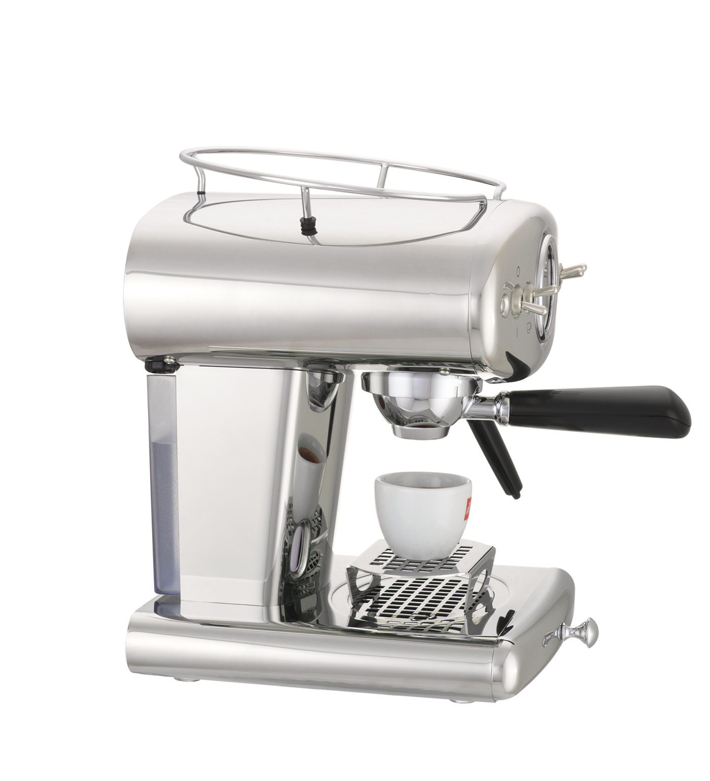 Eine silberne Espressomaschine mit einer weißen Tasse und Illy-Logo.