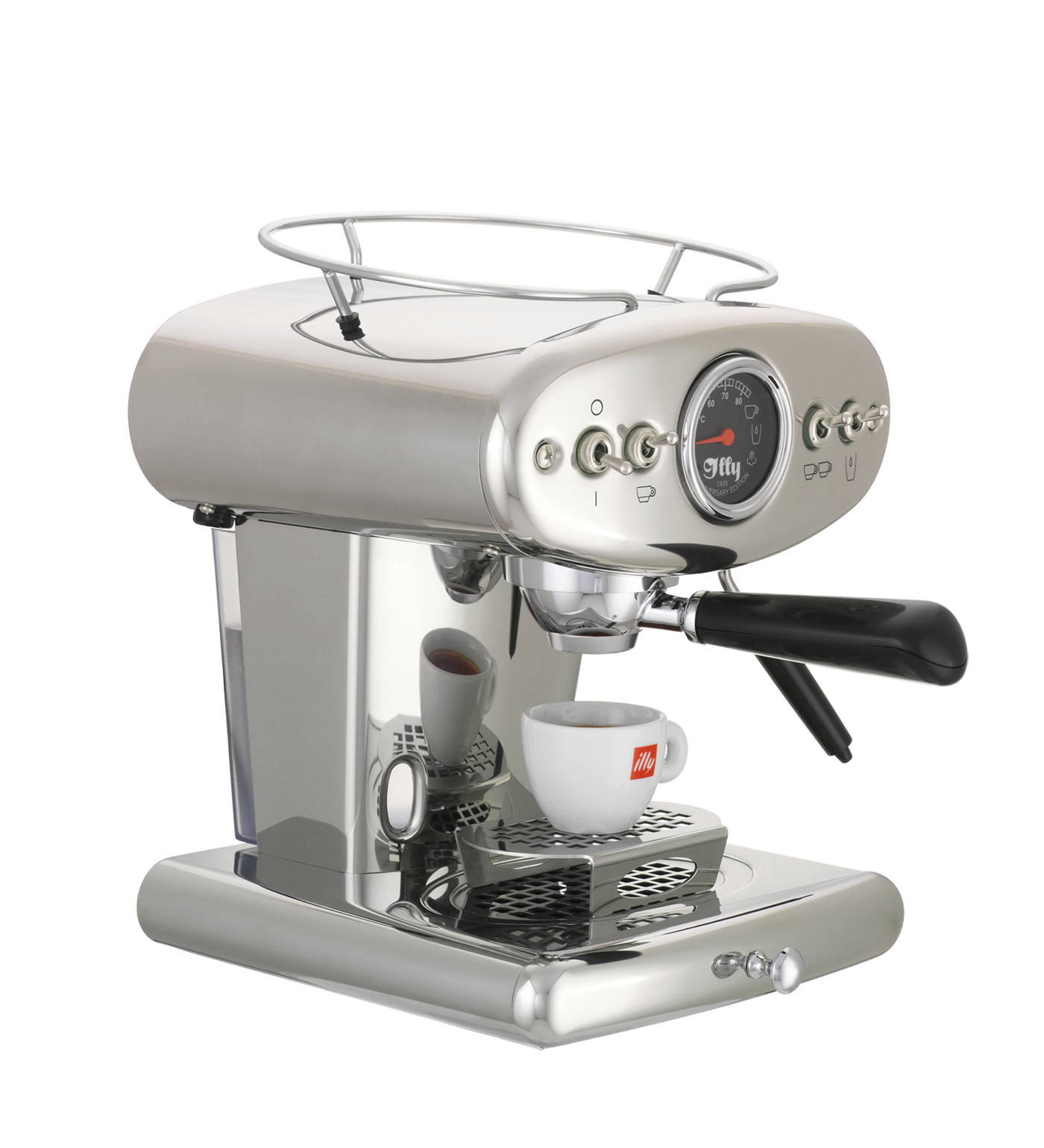 Eine silberne Espressomaschine mit einer Tasse Kaffee und dem Illy-Logo.