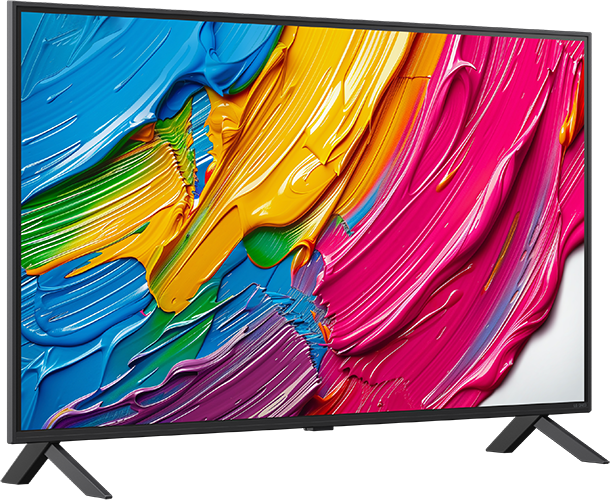 LG TV színes absztrakt művészettel a képernyőn. Fekete keret. Szögletes nézet.