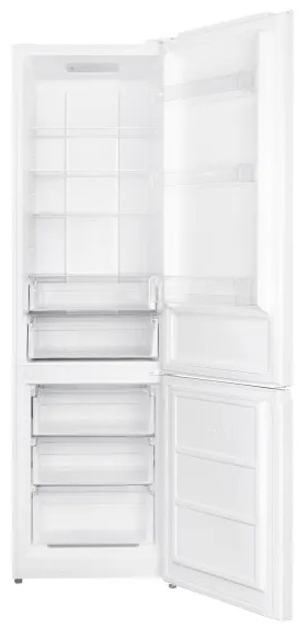 Biała lodówka otwarta, z półkami i szufladami.