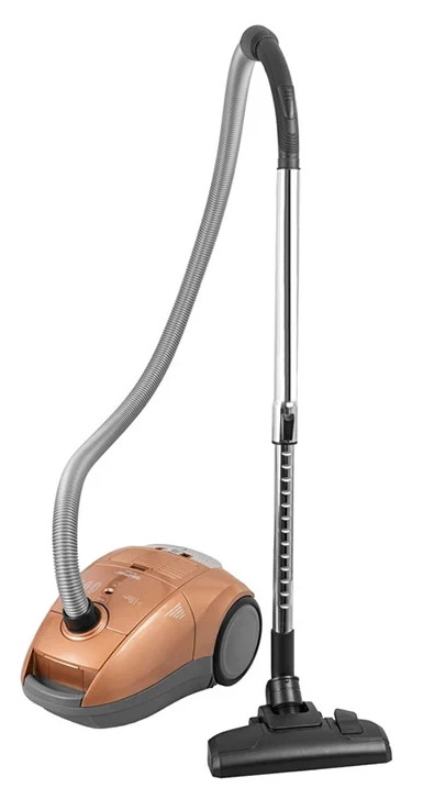 Złoty odkurzacz z wężem i długą metalową rurą.