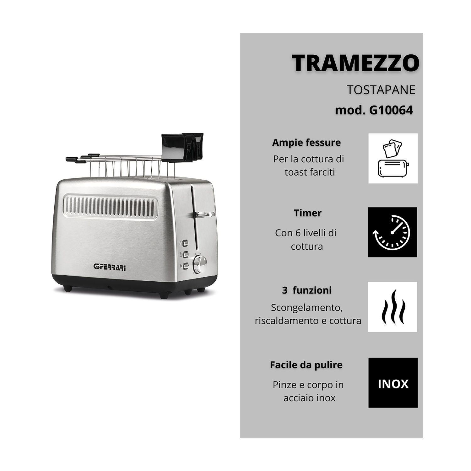 Tostapane argentato con manico nero. Testo in italiano che descrive caratteristiche e funzioni.