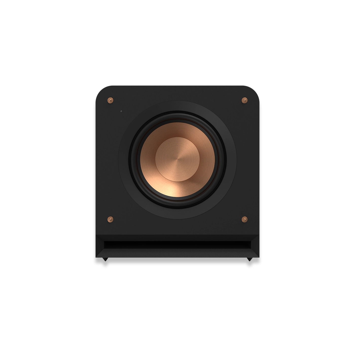 Schwarzer Subwoofer mit kupferfarbenem Lautsprecher. Er hat vier Schrauben vorne.