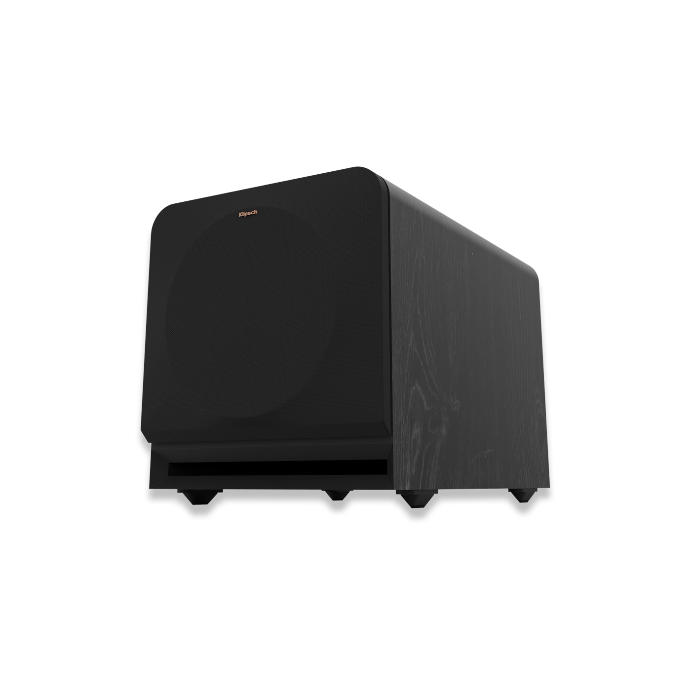 Schwarzer Subwoofer. Er hat eine Holzstruktur. Der Lautsprecher ist auf der linken Seite.