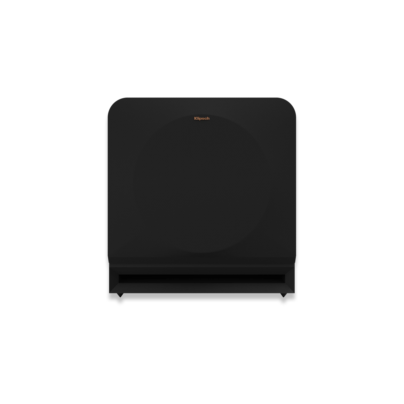 Vorderansicht eines schwarzen, quadratischen Subwoofers mit Gitter, isoliert.