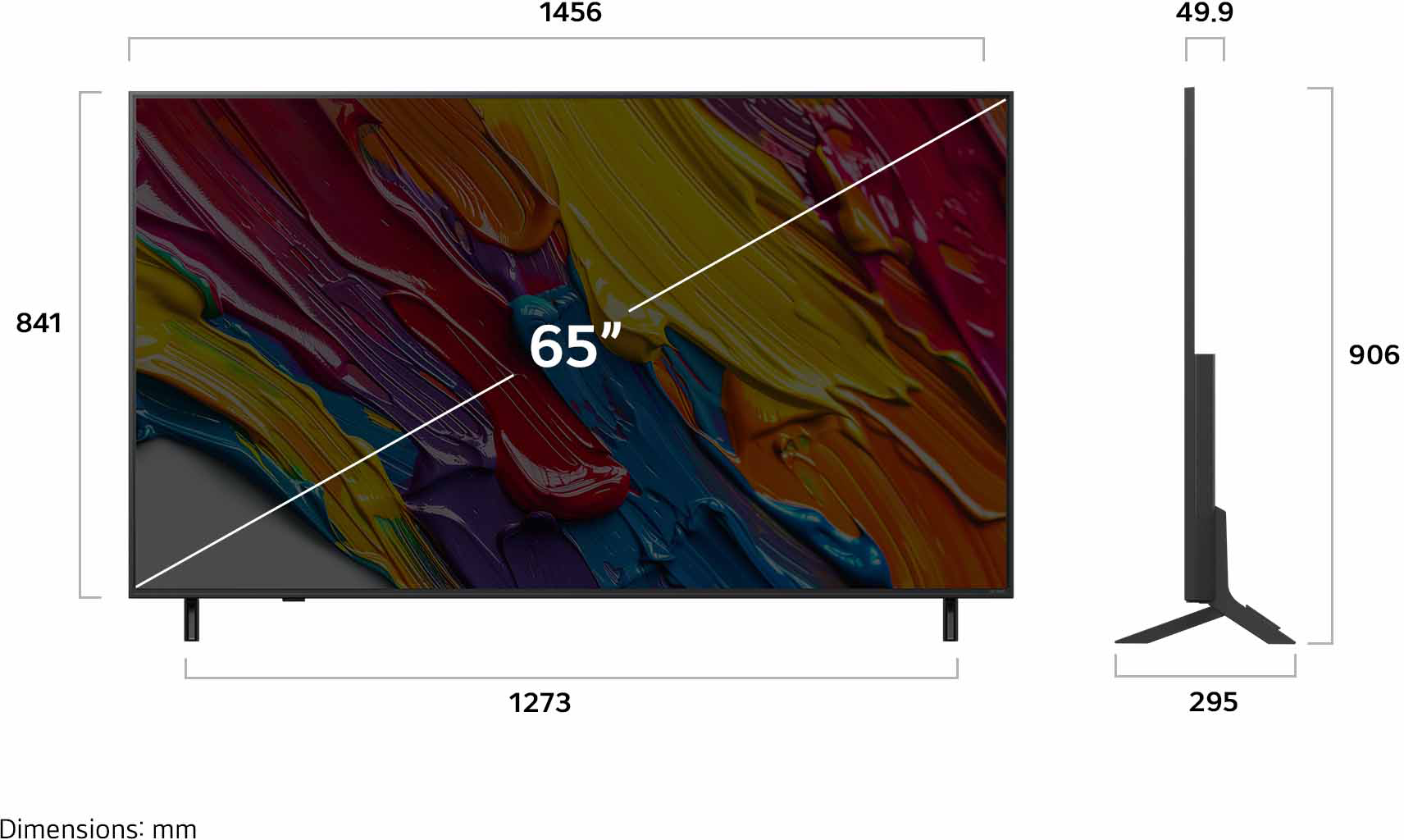 Egy 65 hüvelykes TV méretekkel. Színes, elmosódott háttér. Fekete állvány.