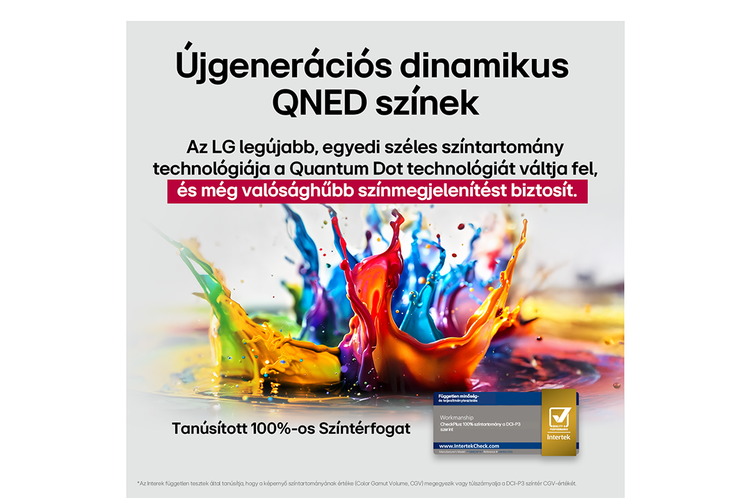 Kép színes festékfröccsel és QNED színekkel kapcsolatos szöveggel.