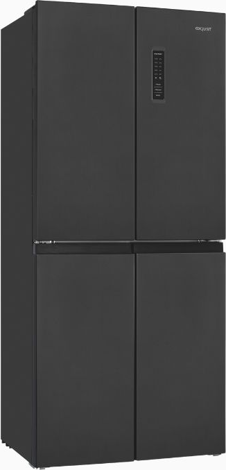 Schwarzer Kühlschrank mit vier Türen, Digitalanzeige und modernem Design.