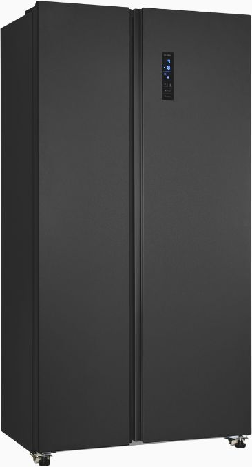 Geschlossener schwarzer Side-by-Side-Kühlschrank. Modernes Design, Digitalanzeige auf rechter Tür.