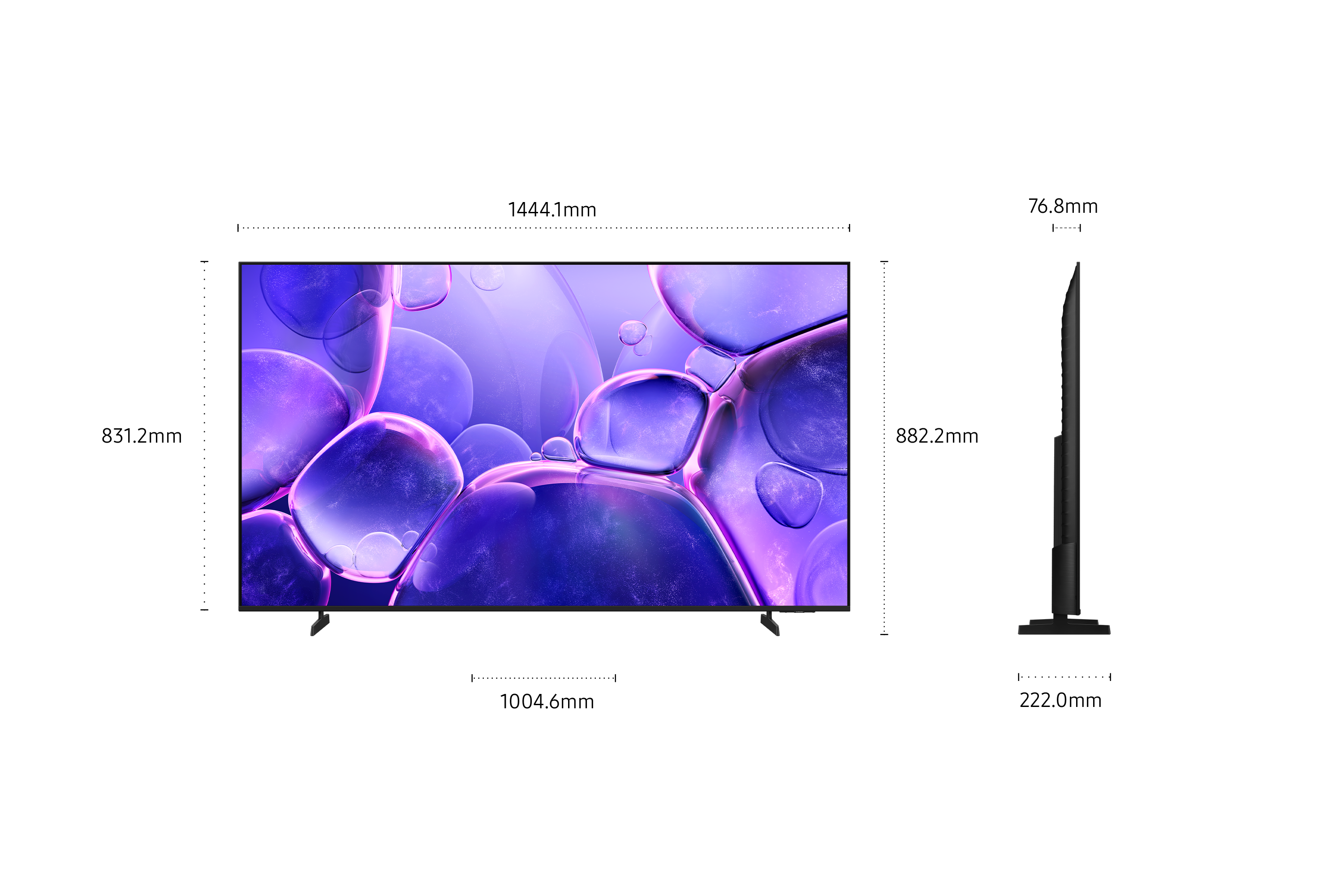 Uno schermo TV con bolle viola. Sfondo nero. TV su un supporto nero.