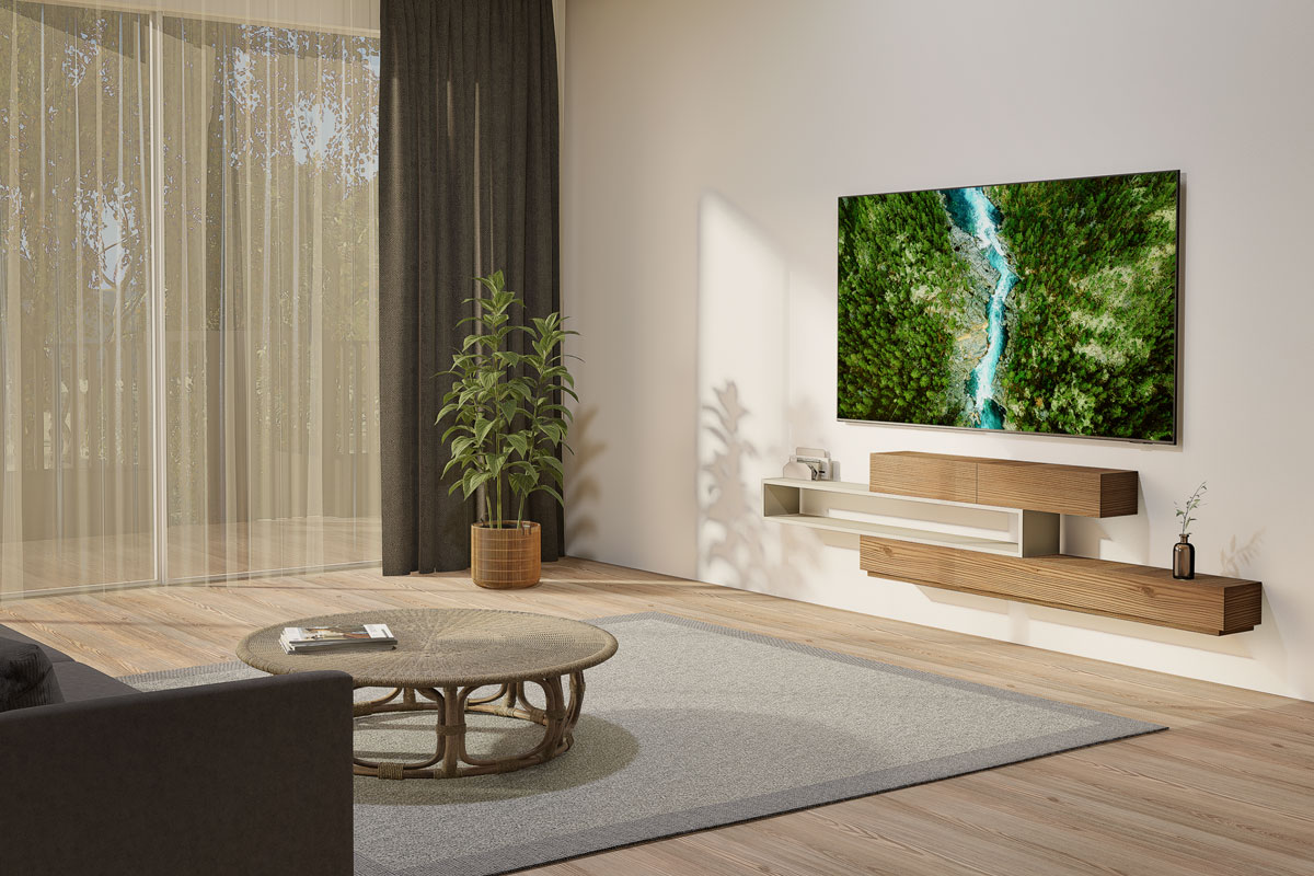 Un soggiorno moderno con una TV a parete, che mostra un'immagine della foresta.