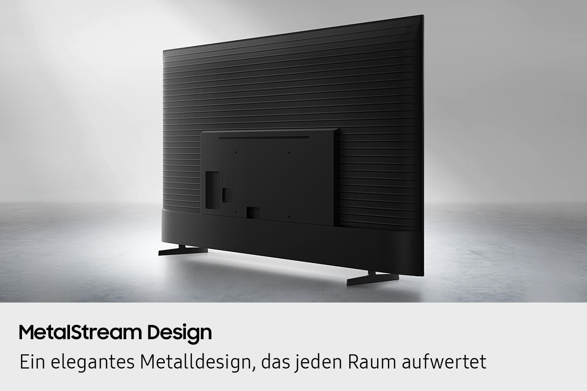 Rückansicht eines schwarzen Fernsehers mit dem Label MetalStream Design.