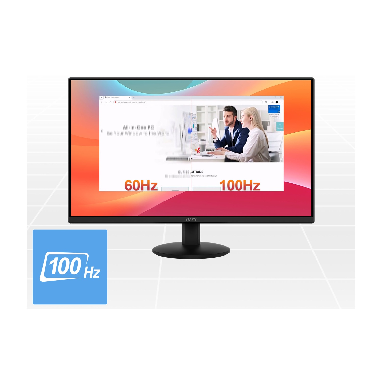 Monitor MSI che mostra una pagina web con persone. Mostra 60Hz e 100Hz. Icona blu: 100 Hz.