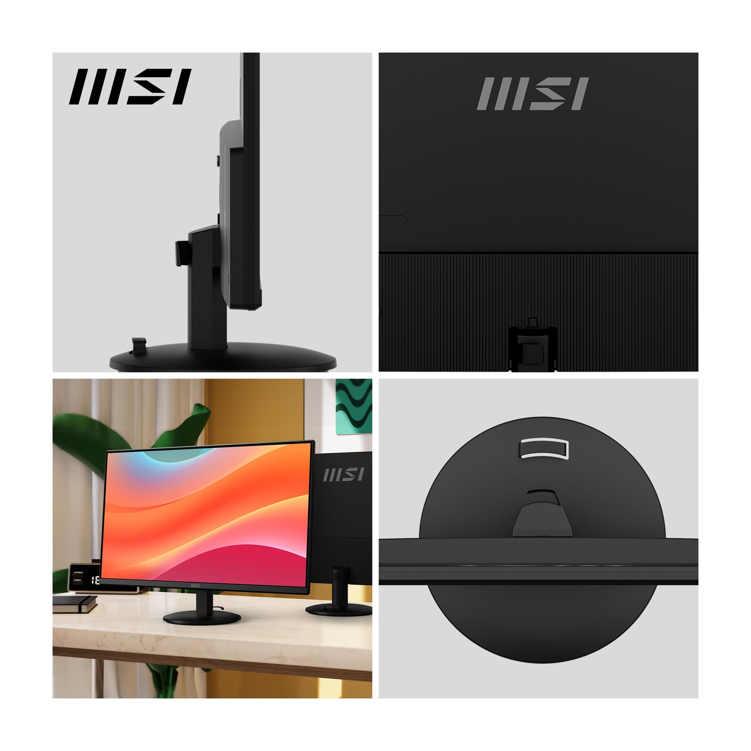Viste del monitor MSI: laterale, posteriore e frontale. Mostra un desktop colorato. Supporto nero.