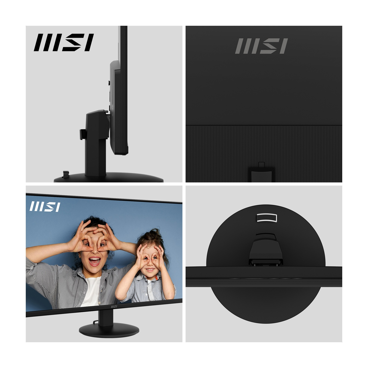 Primo piano di un monitor nero che mostra diverse angolazioni. Logo MSI visibile.
