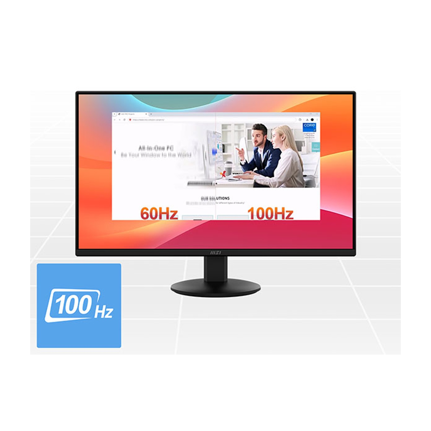 Il monitor visualizza un'interfaccia web. Indica frequenze di aggiornamento di 60Hz e 100Hz. Sfondo rosso e arancione.