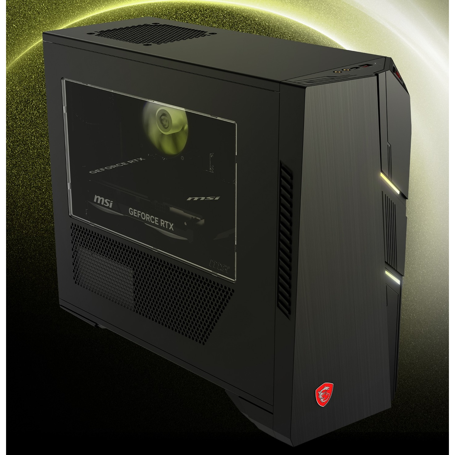 PC gaming MSI in un ambiente scuro. Il PC ha una ventola visibile e una luce RGB.