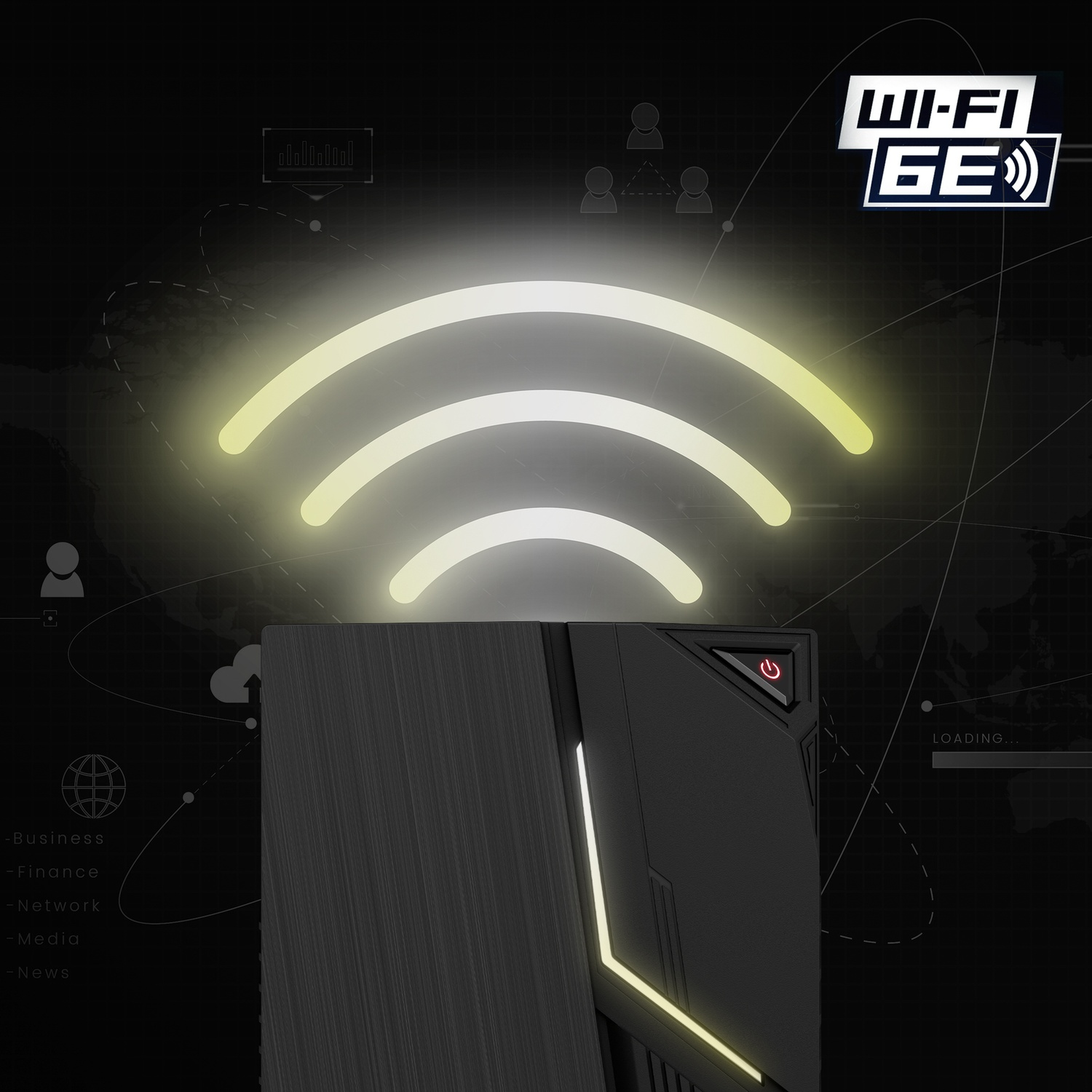 PC gaming MSI con icona del segnale Wi-Fi sopra. Visualizzazione di una grafica di caricamento.