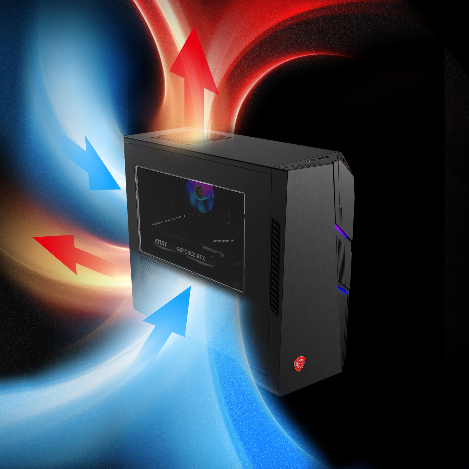 PC gaming MSI con illustrazione del flusso d'aria. Frecce rosse mostrano l'aria calda in uscita, blu in entrata.