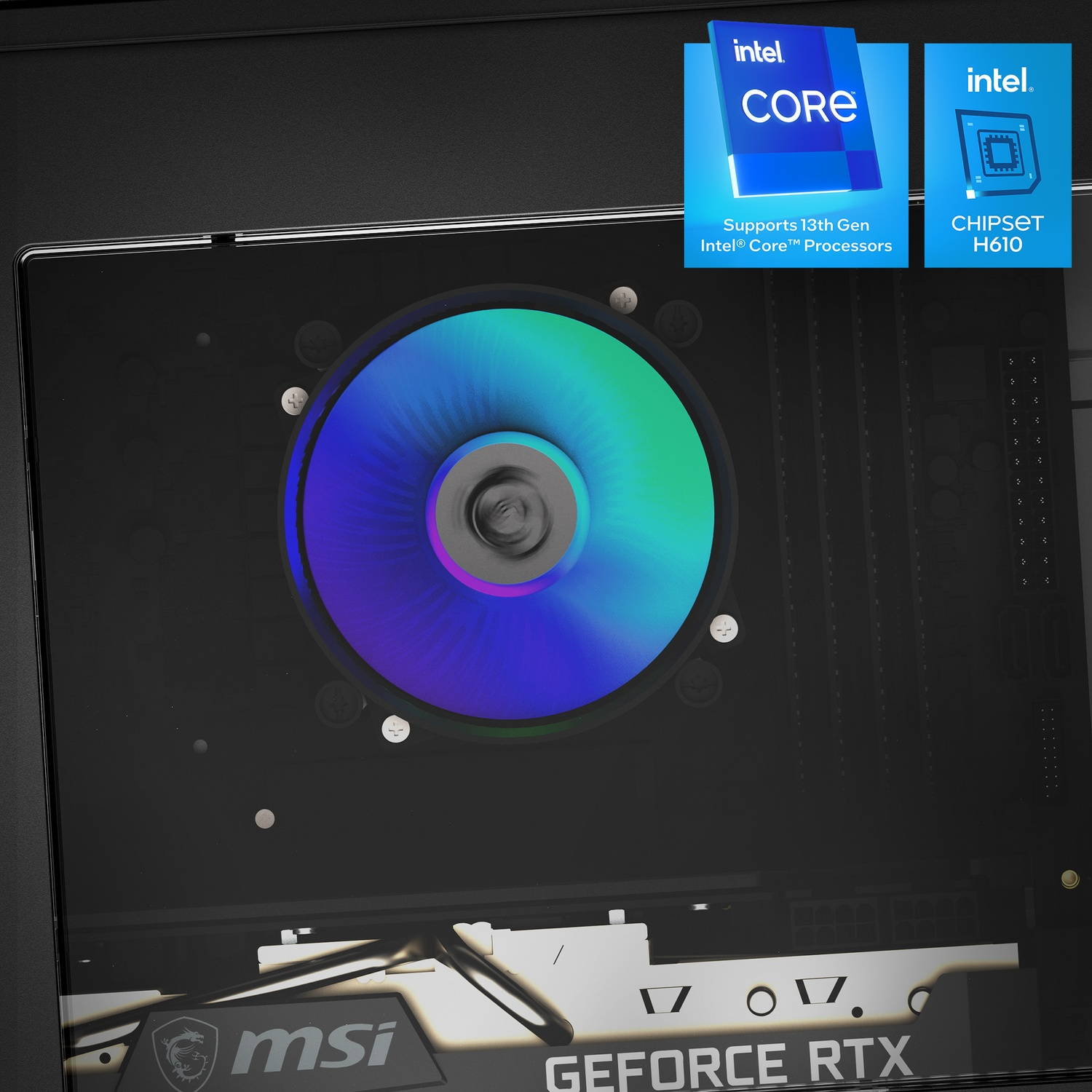 Primo piano di un PC gaming MSI. Caratterizzato da un processore Intel Core e una GPU.