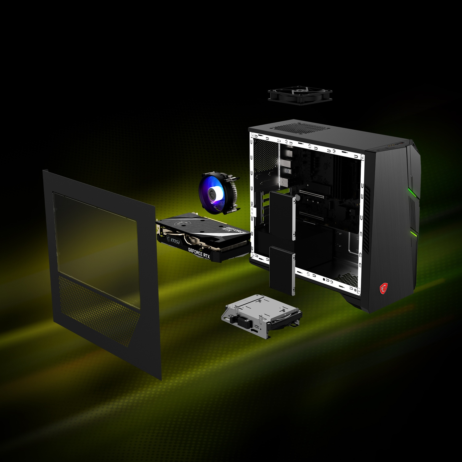 Una vista esplosa di un case per computer, che mostra componenti come una GPU, una ventola, un disco rigido e il case stesso.