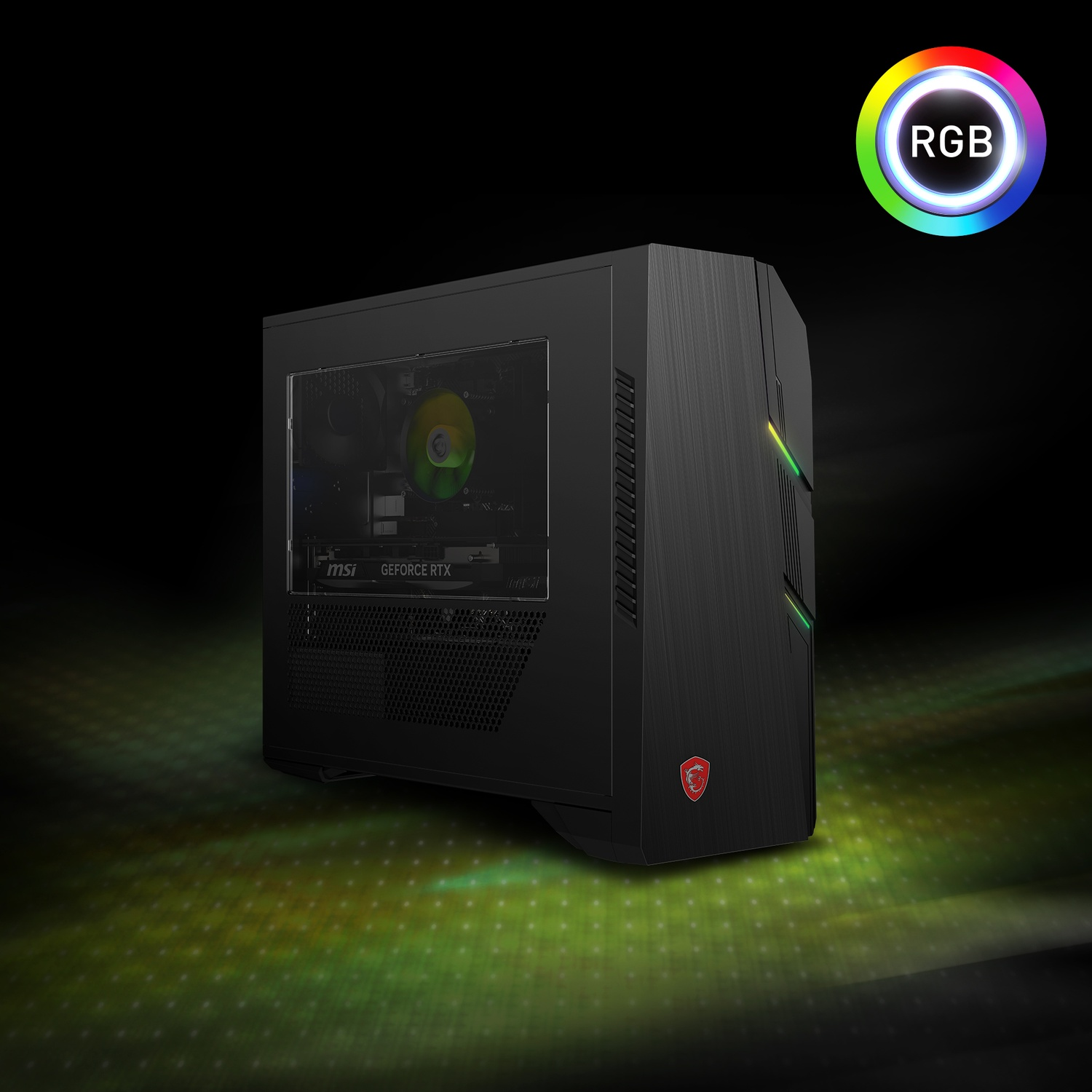 PC gaming MSI con illuminazione RGB. Il PC è mostrato con le luci RGB attive.
