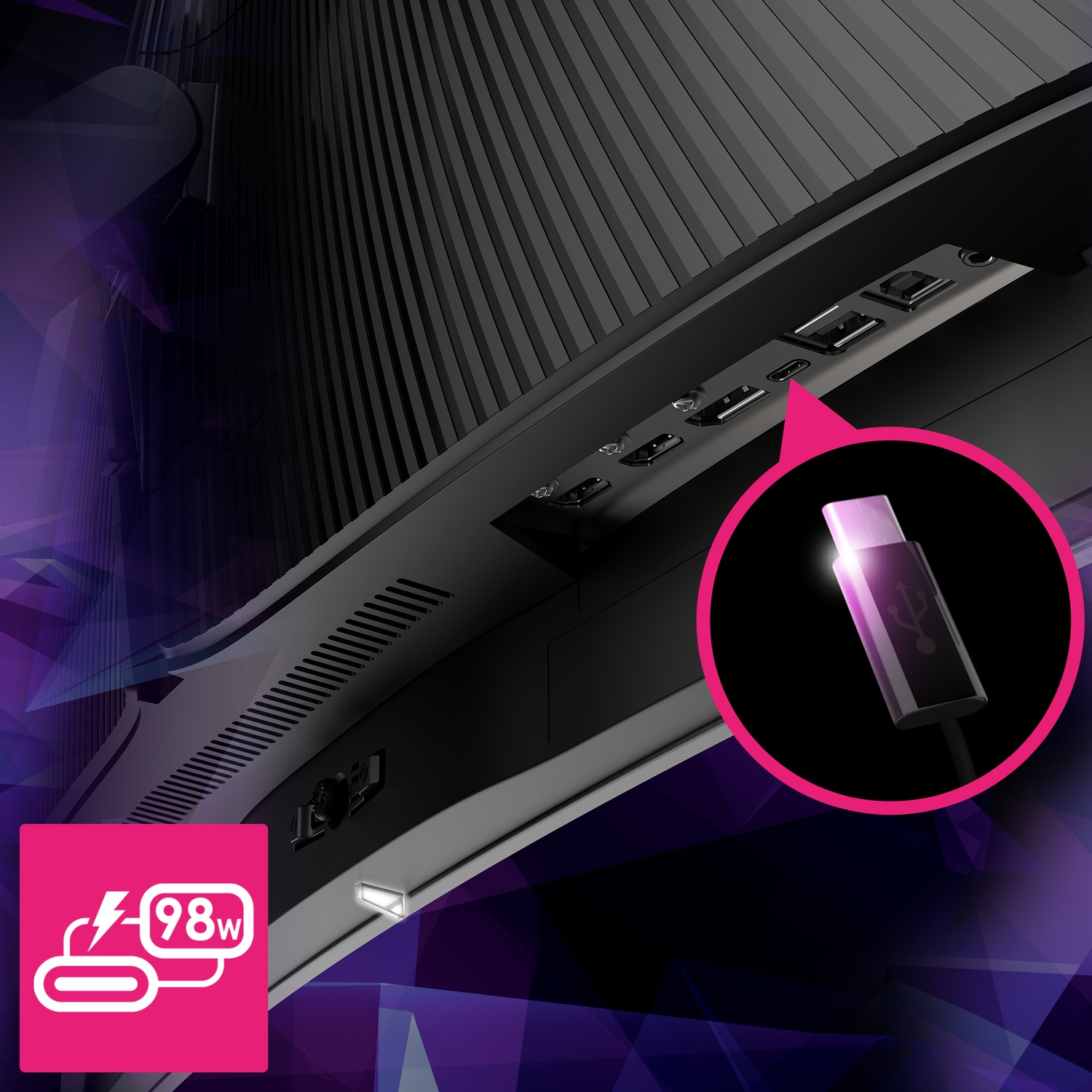 Primo piano del retro di un monitor con porte e connessione USB-C evidenziata. L'icona mostra 98W di potenza.