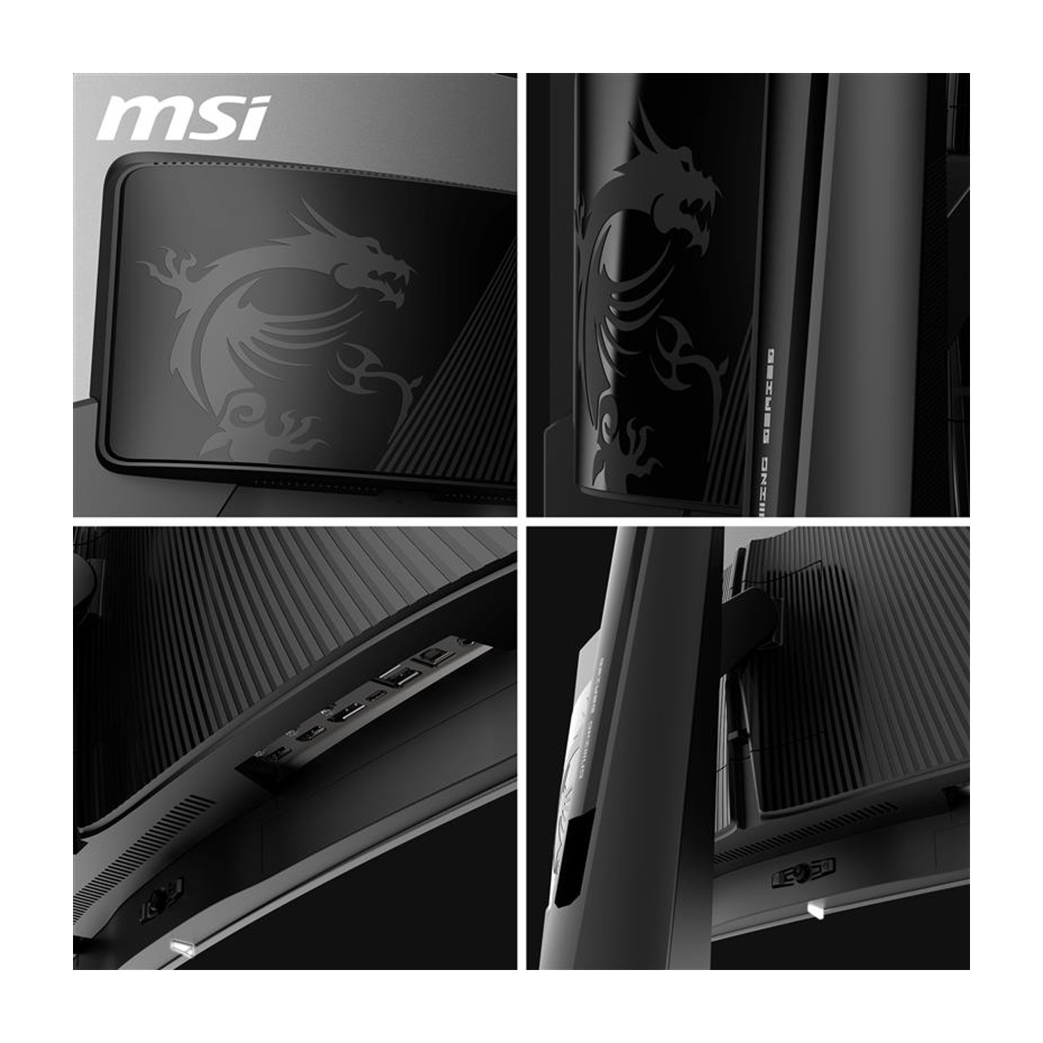 Primo piano di un monitor MSI. Include il logo e le porte. Monitor nero.
