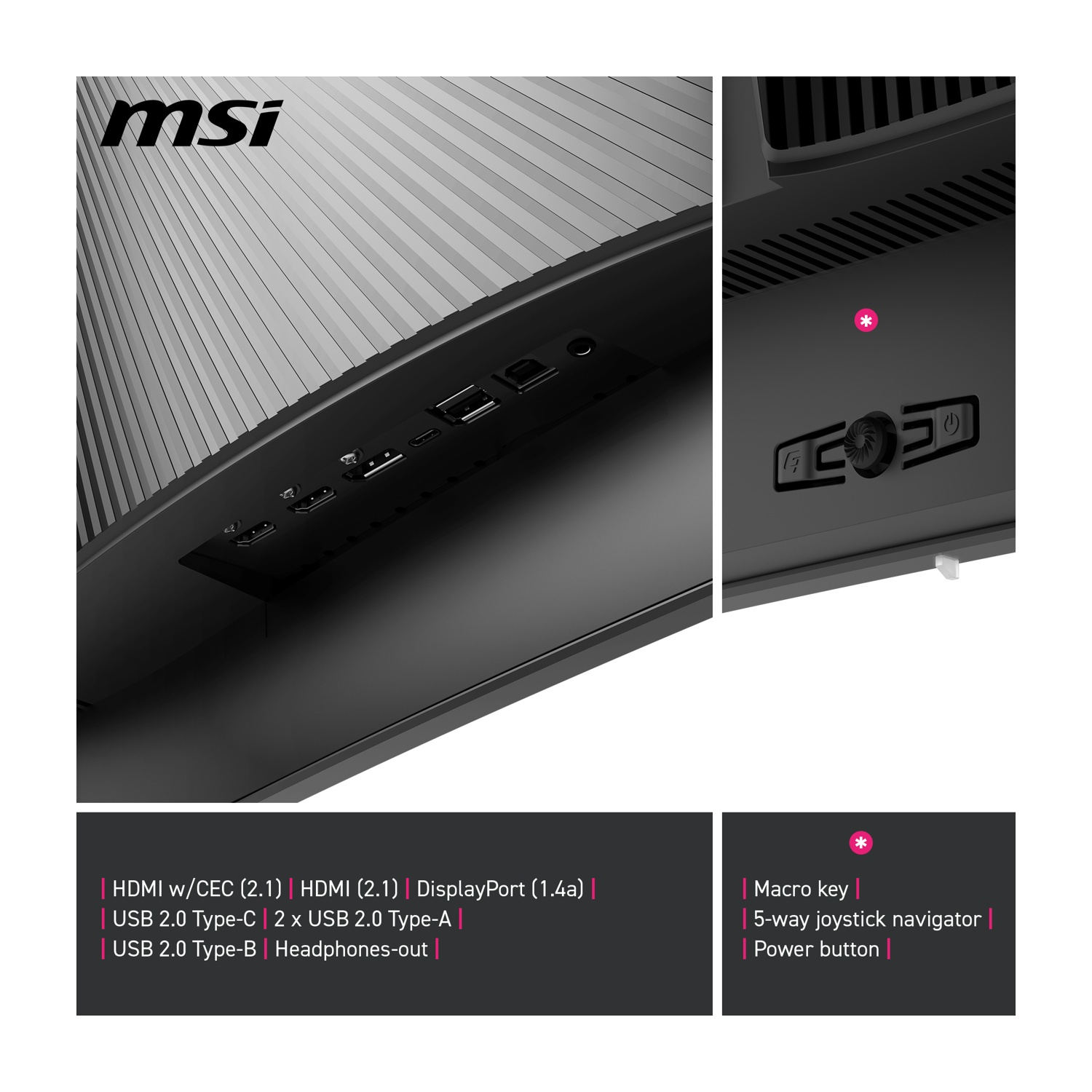 Primo piano di un monitor nero con varie porte e pulsanti. Logo MSI visibile. Dettagli di porte e pulsanti sono etichettati.