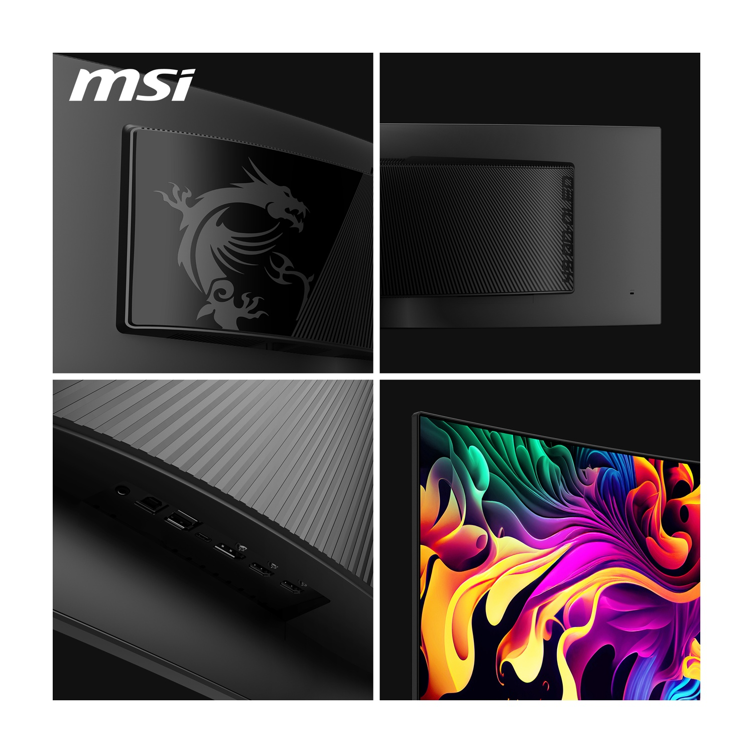 Molteplici viste di un monitor nero con il logo MSI. Il display mostra un design a drago e un'immagine astratta colorata.