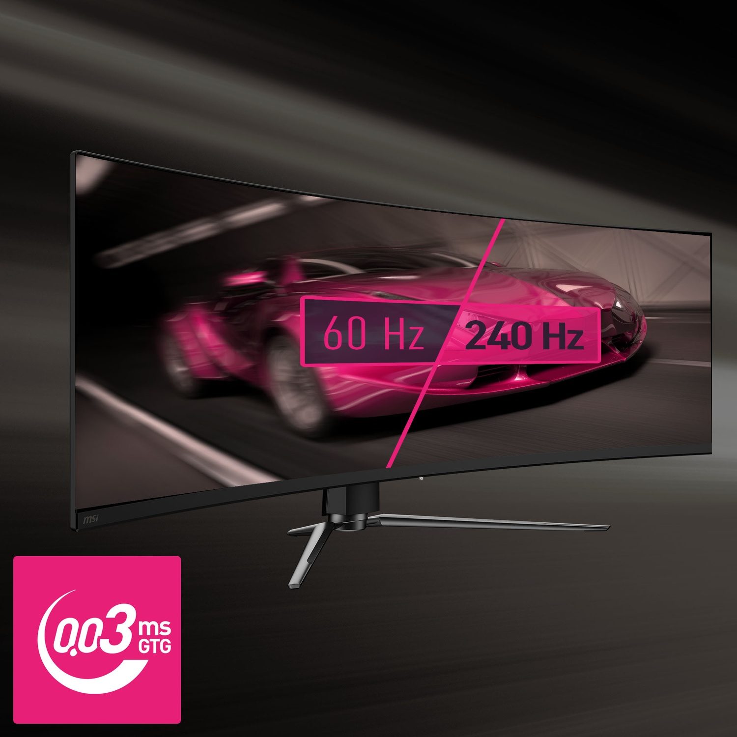 Un monitor curvo con un'auto da corsa sullo schermo. Mostra frequenze di aggiornamento di 60Hz e 240Hz e un tempo di risposta di 0,03ms.